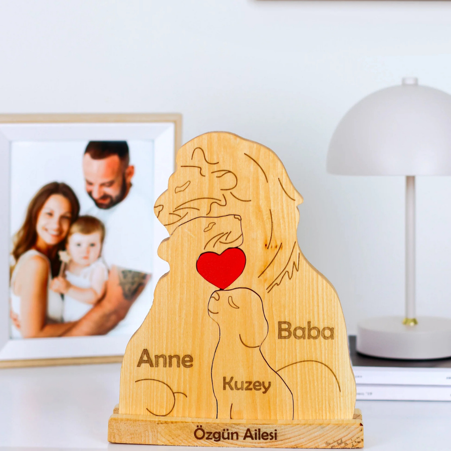 Aslan Figürlü Kişiye Özel Ahşap Aile Puzzle'ı 1 Çocuklu