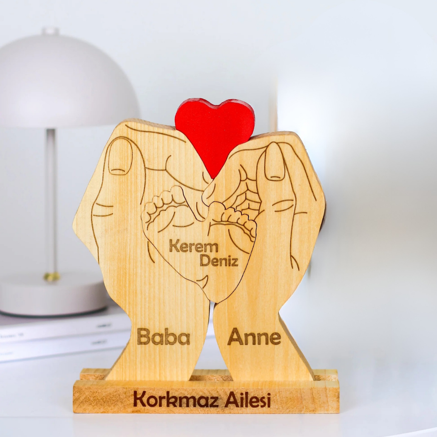 Avuç İçi Kişiye Özel Ahşap Aile Puzzle'ı 2 Çocuklu