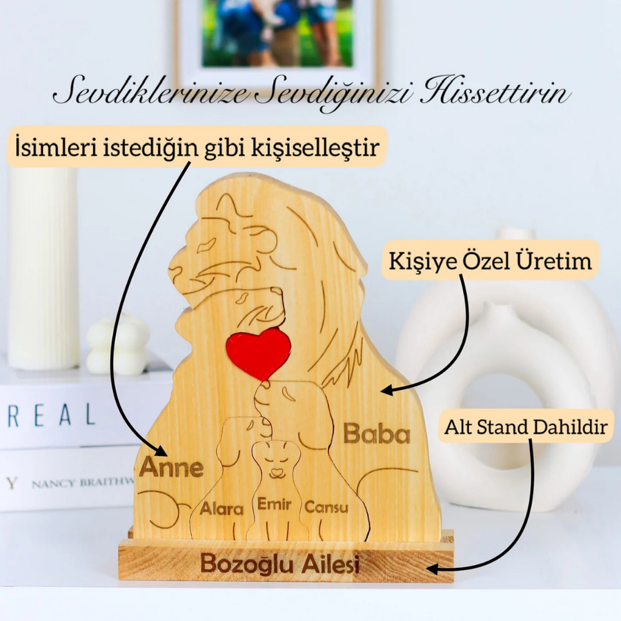 Aslan Figürlü Kişiye Özel Ahşap Aile Puzzle'ı 3 Çocuklu