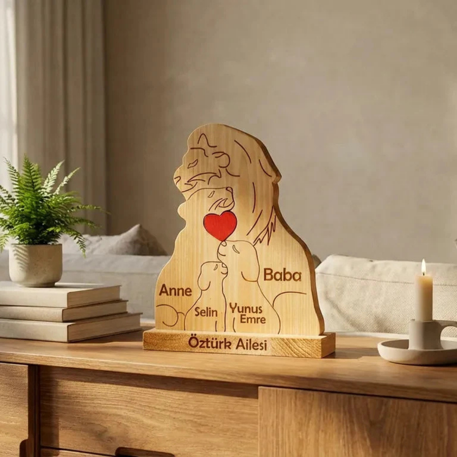 Aslan Figürlü Kişiye Özel Ahşap Aile Puzzle'ı 2 Çocuklu
