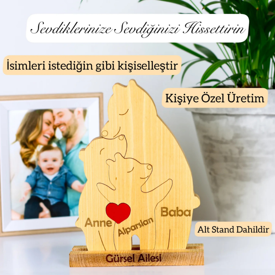 Ayıcık Figürlü Kişiye Özel Ahşap Aile Puzzle'ı 1 Çocuklu