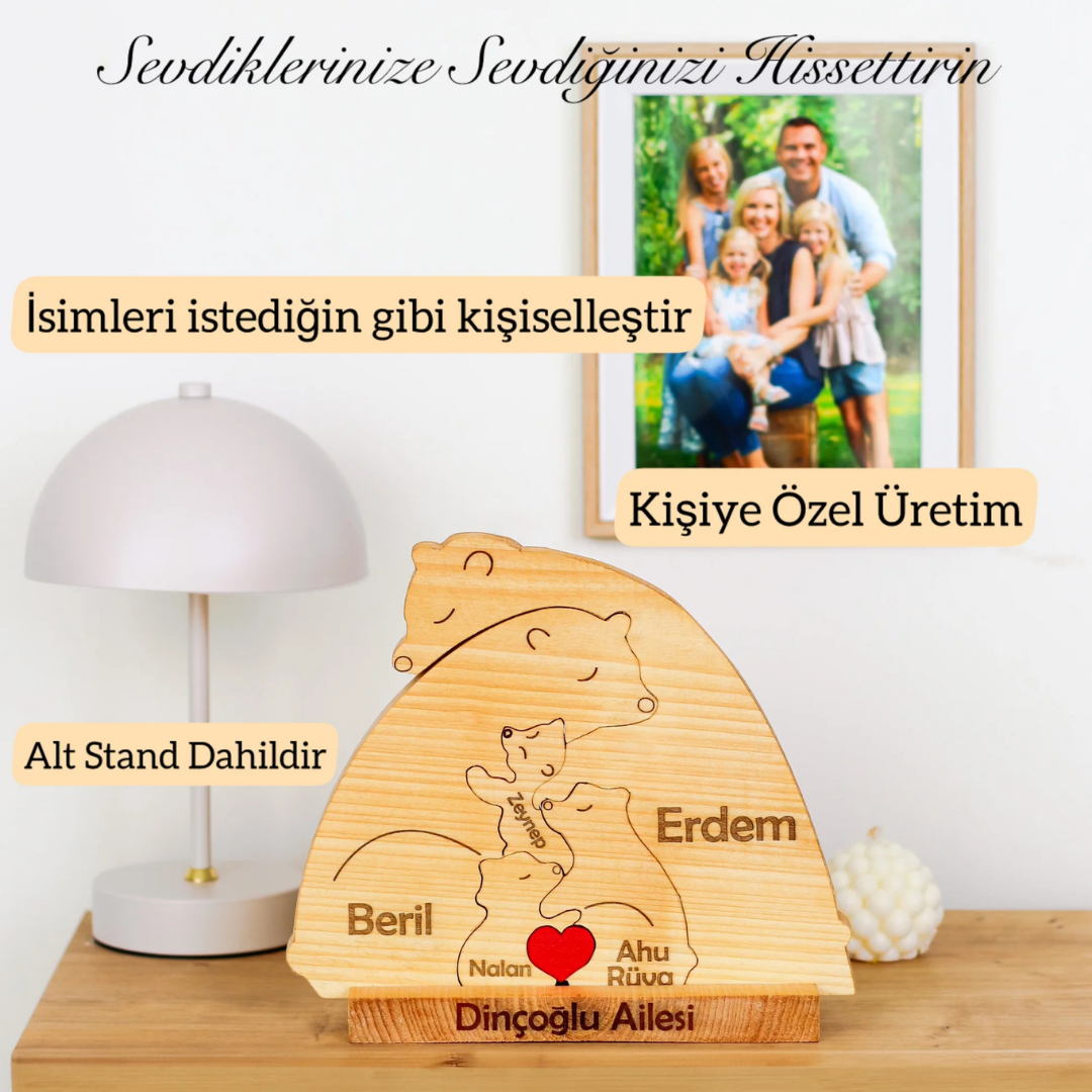 Ayıcık Figürlü Kişiye Özel Ahşap Aile Puzzle'ı 3 Çocuklu