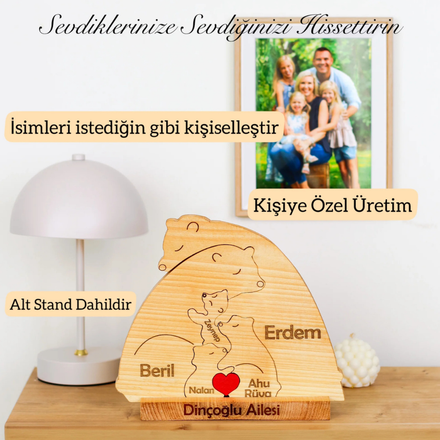 Ayıcık Figürlü Kişiye Özel Ahşap Aile Puzzle'ı 3 Çocuklu