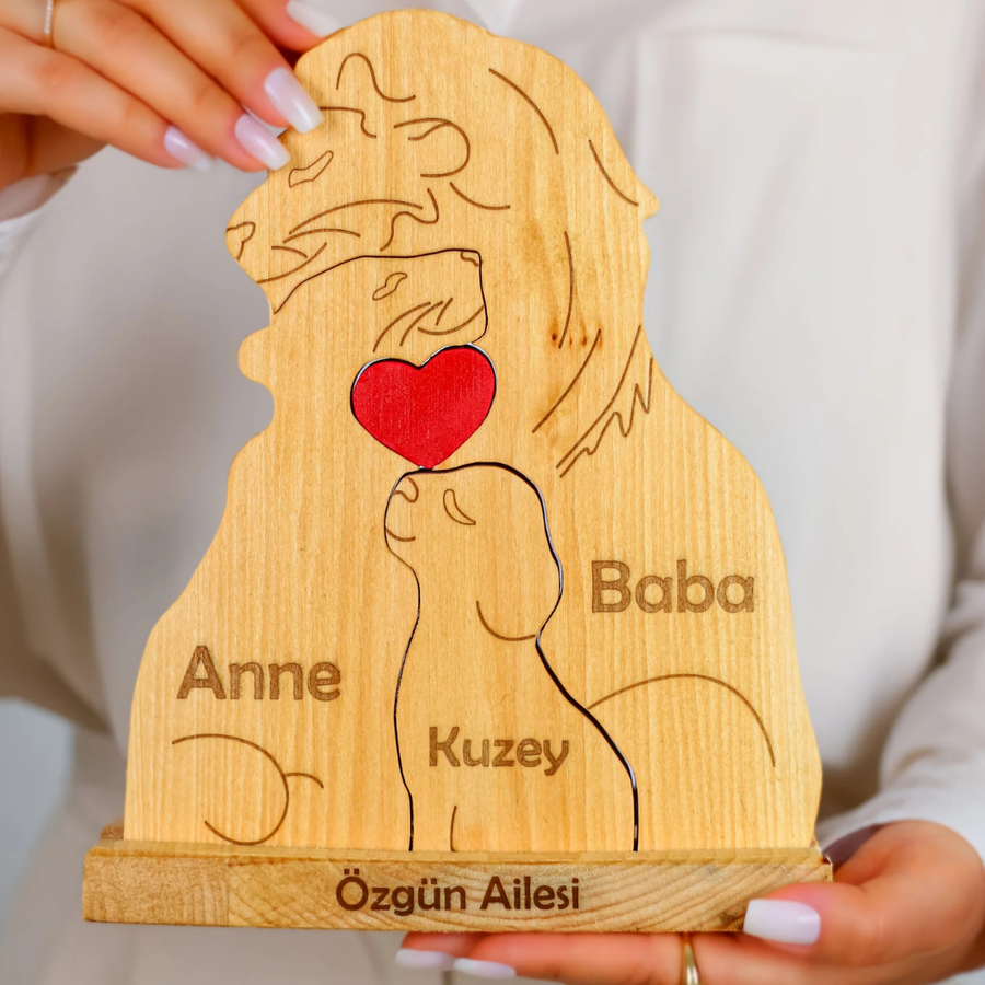 Aslan Figürlü Kişiye Özel Ahşap Aile Puzzle'ı 1 Çocuklu
