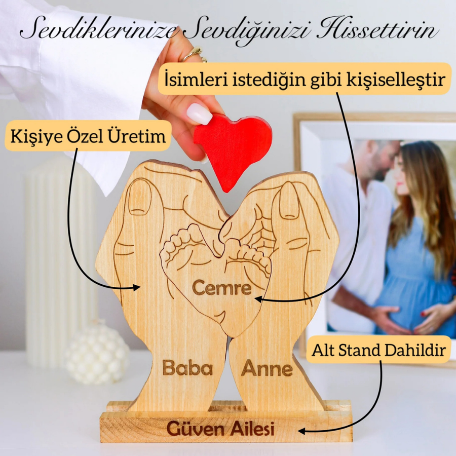 Avuç İçi Kişiye Özel Ahşap Aile Puzzle'ı 1 Çocuklu