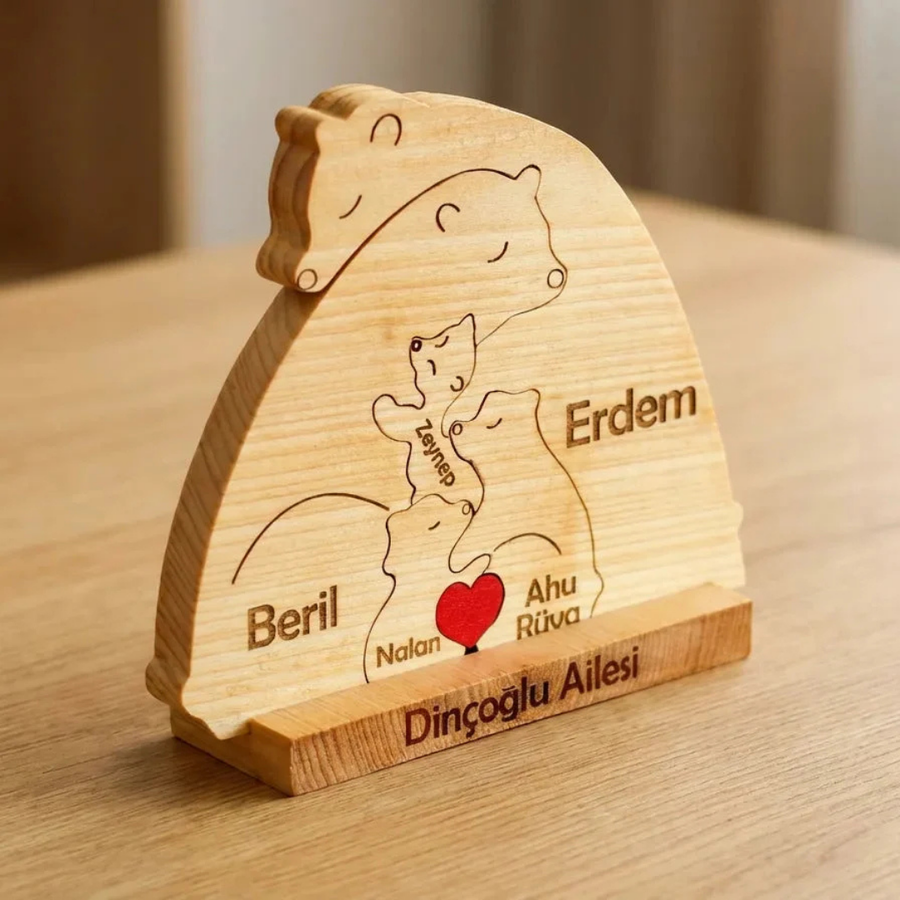 Ayıcık Figürlü Kişiye Özel Ahşap Aile Puzzle'ı 3 Çocuklu