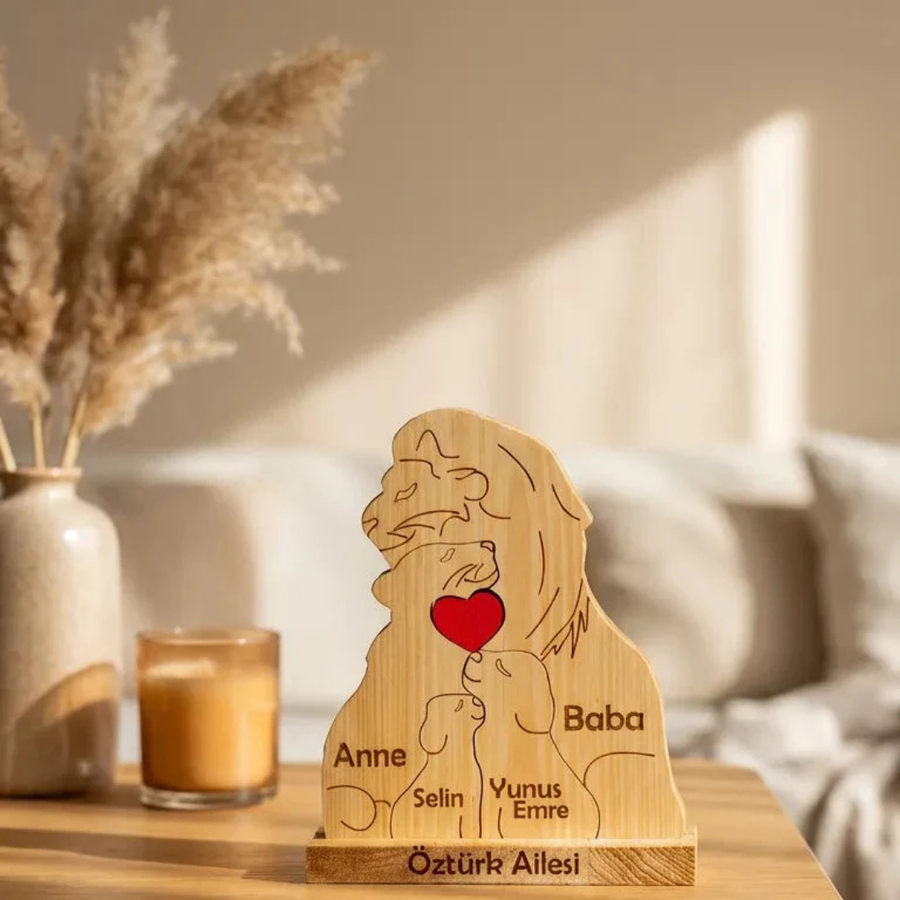 Aslan Figürlü Kişiye Özel Ahşap Aile Puzzle'ı 2 Çocuklu