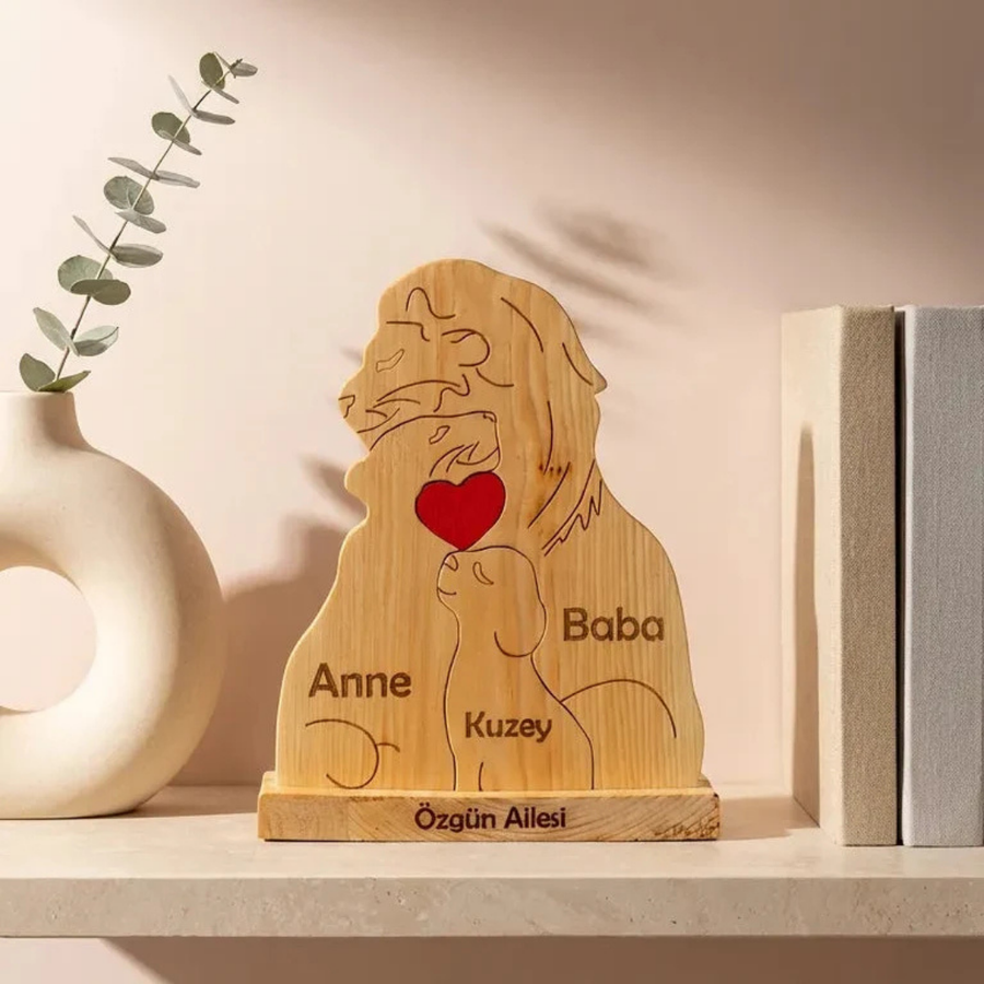 Aslan Figürlü Kişiye Özel Ahşap Aile Puzzle'ı 1 Çocuklu