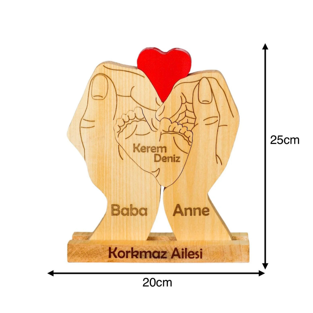 Avuç İçi Kişiye Özel Ahşap Aile Puzzle'ı 2 Çocuklu