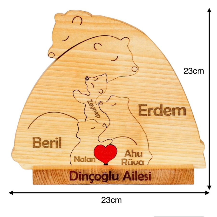 Ayıcık Figürlü Kişiye Özel Ahşap Aile Puzzle'ı 3 Çocuklu