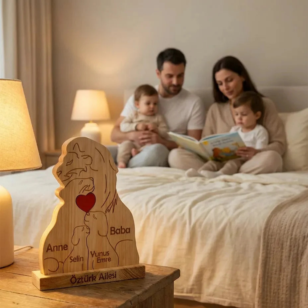 Aslan Figürlü Kişiye Özel Ahşap Aile Puzzle'ı 2 Çocuklu