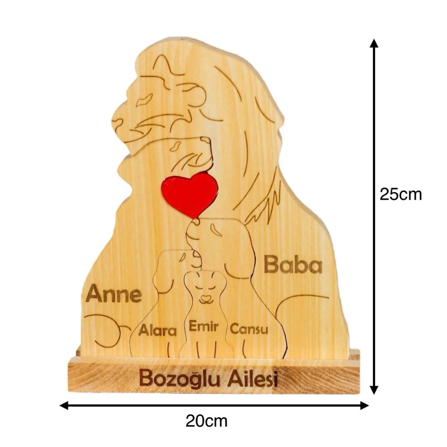 Aslan Figürlü Kişiye Özel Ahşap Aile Puzzle'ı 3 Çocuklu