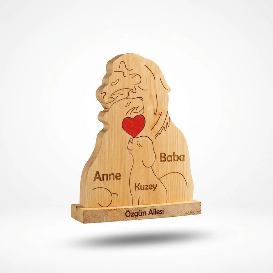 Aslan Figürlü Kişiye Özel Ahşap Aile Puzzle'ı 1 Çocuklu